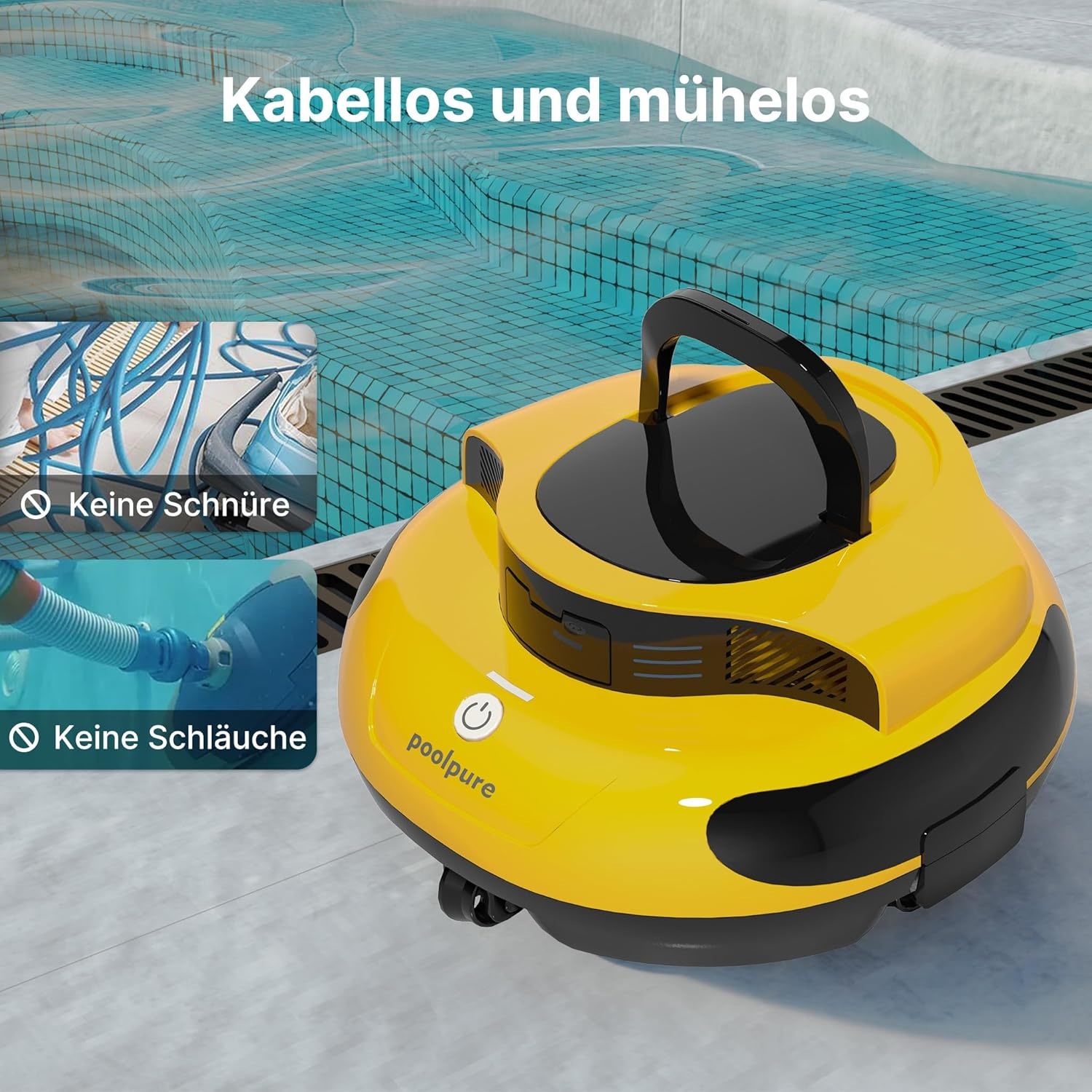 POOLPURE Zwembadrobot, 55 Wh-120 minuten reinigingstijd, dubbele motor, led-indicatoren, zelfparkeerfunctie, IPX8 waterdicht, draadloze zwembadstofzuiger accu, geel