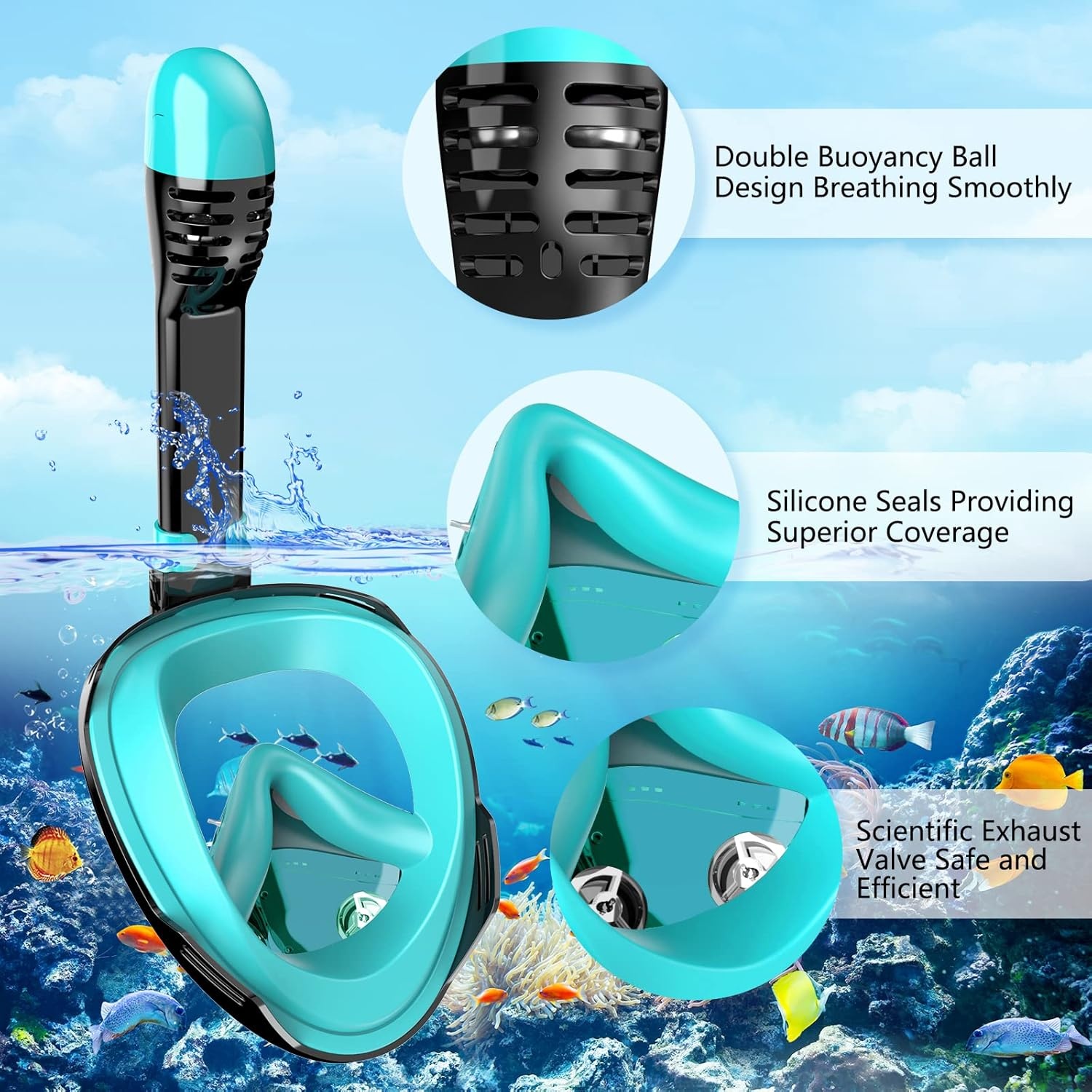 Seaview Snorkelmasker, volgelaatsmasker, 180 graden, duikmasker voor volwassenen en kinderen, anti-lek en anti-condens-snorkelset
