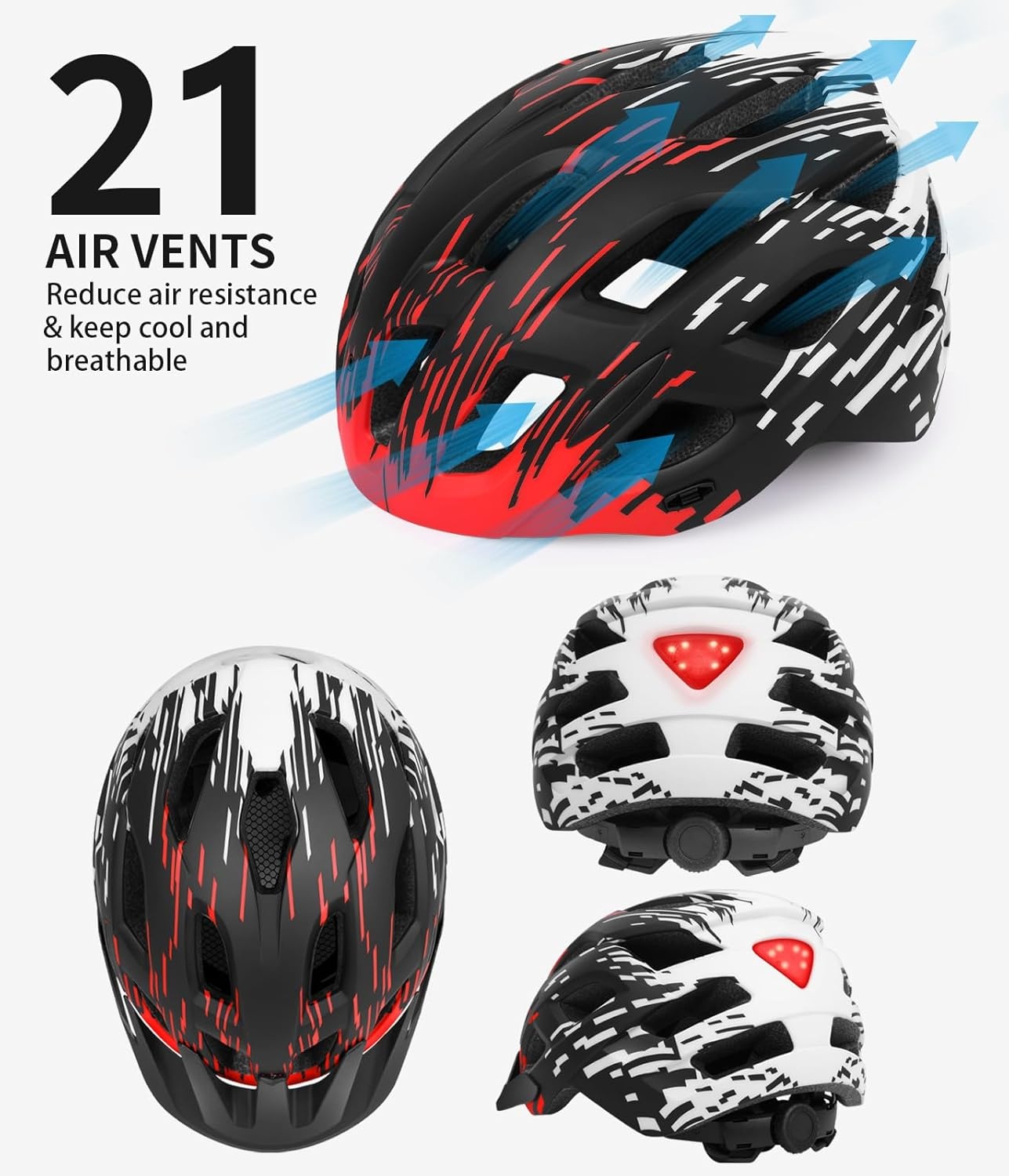 Fietshelm, lichtgewicht fietshelm met achterlicht en afneembaar vizier, 21 ventilatieopeningen fietshelm voor volwassenen, verstelbare maat 57-61