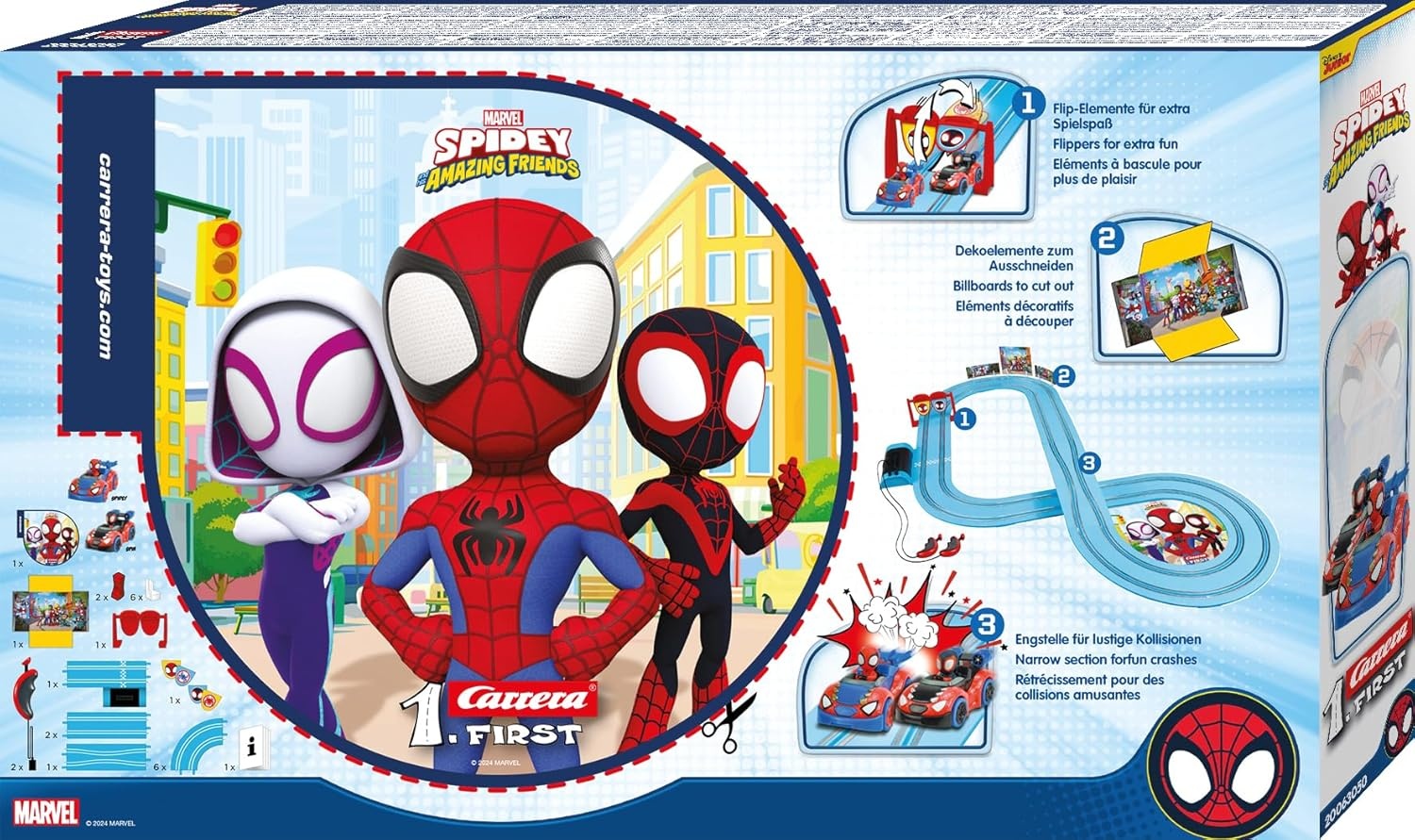 Carrera First Spidey Go Webs Go 20063050 Racebaanset, auto voor racebaan, racebanen en gelicentieerde slotcars, tot 2 spelers, voor kinderen vanaf 3 jaar en volwassenen