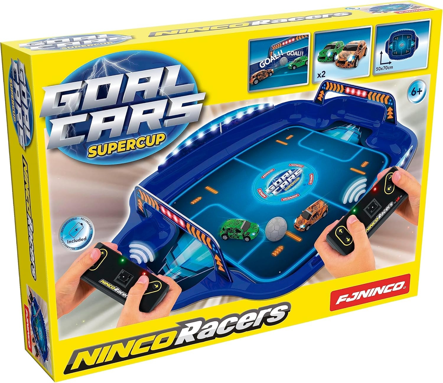 Ninco NincoRacers Goalcars Supercup Set van 2 op afstand bestuurde auto's 1:64 met bal en futuristisch stadion 70 x 50 cm | LED-lampen batterijen inclusief 2,4 GHz | RC-spel voetbal 6 jaar en hoger