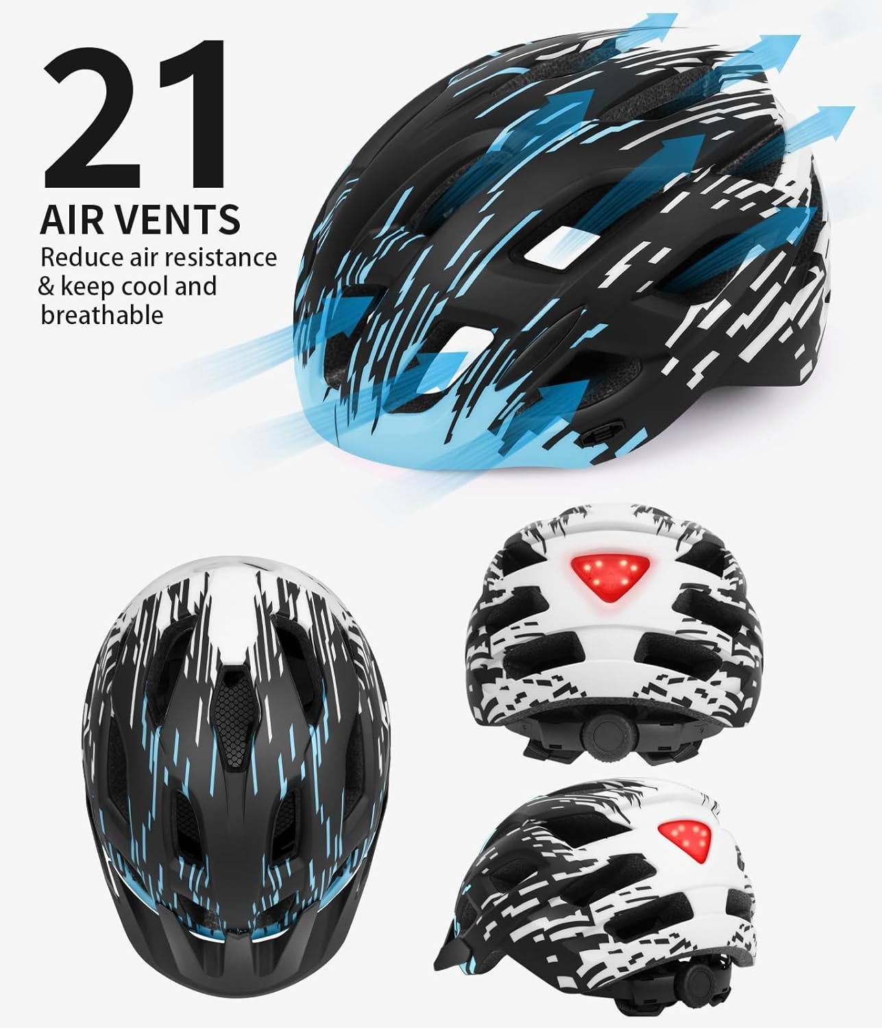 Tadpole Fietshelm voor Volwassenen met Achterlicht en Afneembaar Vizier - Zwart/Blauw - 57-61 cm