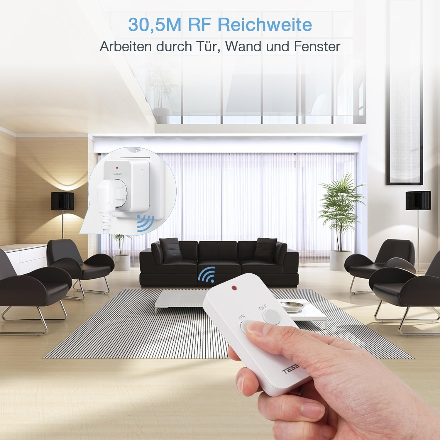 TESSAN Draadloos stopcontact met afstandsbediening, stopcontact met 30,5 m bereik, 3600 W binnen, schakelbaar met magnetisch, programmeerbaar