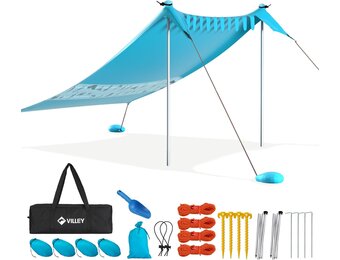 VILLEY Strandtent, Draagbare Zonnescherm Zonnedak Zonnenschuilplaats UPF50+, 2,4 m x 2 m, voor 1-3 Personen, met 2 Aluminium Palen en Opbergtas, Voor Strand, Camping, Blauw