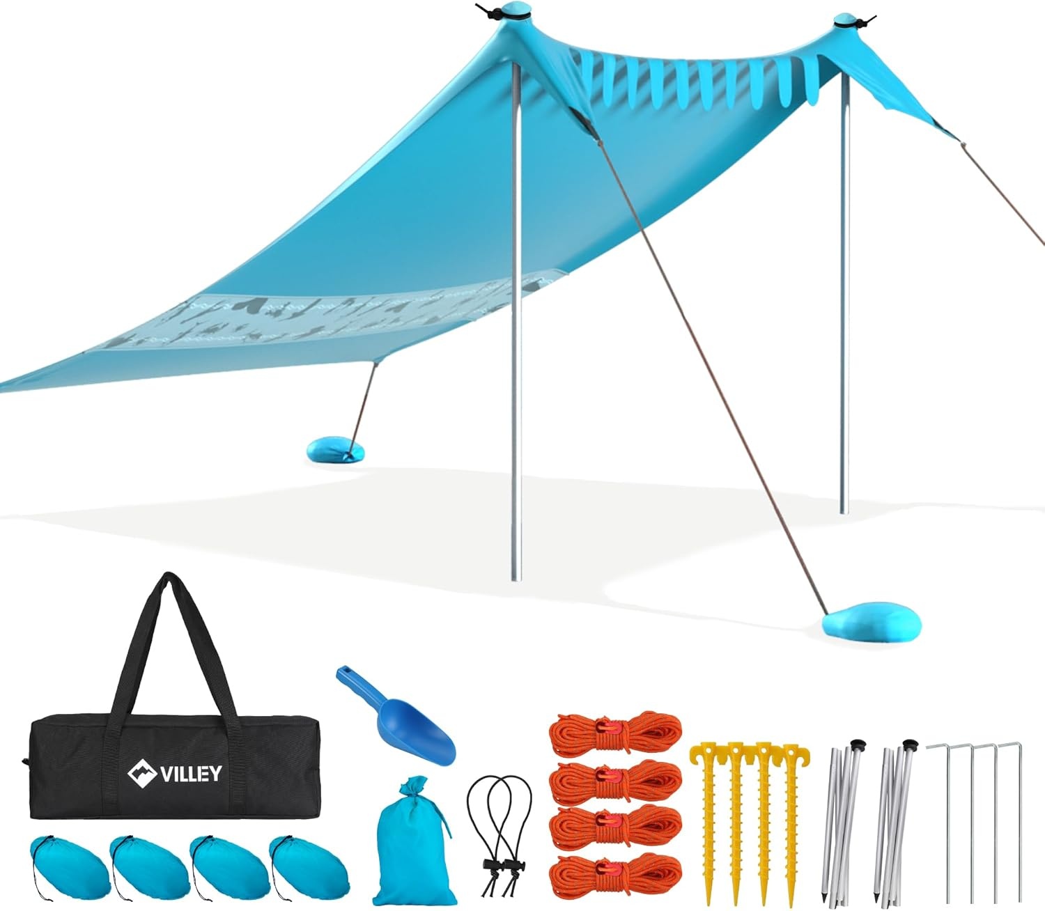 VILLEY Strandtent, Draagbare Zonnescherm Zonnedak Zonnenschuilplaats UPF50+, 2,4 m x 2 m, voor 1-3 Personen, met 2 Aluminium Palen en Opbergtas, Voor Strand, Camping, Blauw