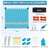 VILLEY Strandtent, Draagbare Zonnescherm Zonnedak Zonnenschuilplaats UPF50+, 2,4 m x 2 m, voor 1-3 Personen, met 2 Aluminium Palen en Opbergtas, Voor Strand, Camping, Blauw