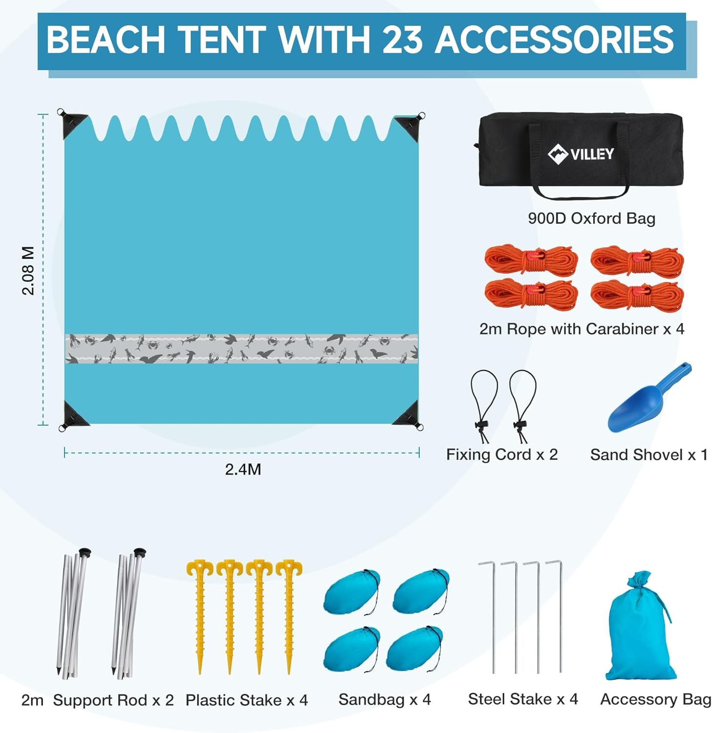 VILLEY Strandtent, Draagbare Zonnescherm Zonnedak Zonnenschuilplaats UPF50+, 2,4 m x 2 m, voor 1-3 Personen, met 2 Aluminium Palen en Opbergtas, Voor Strand, Camping, Blauw