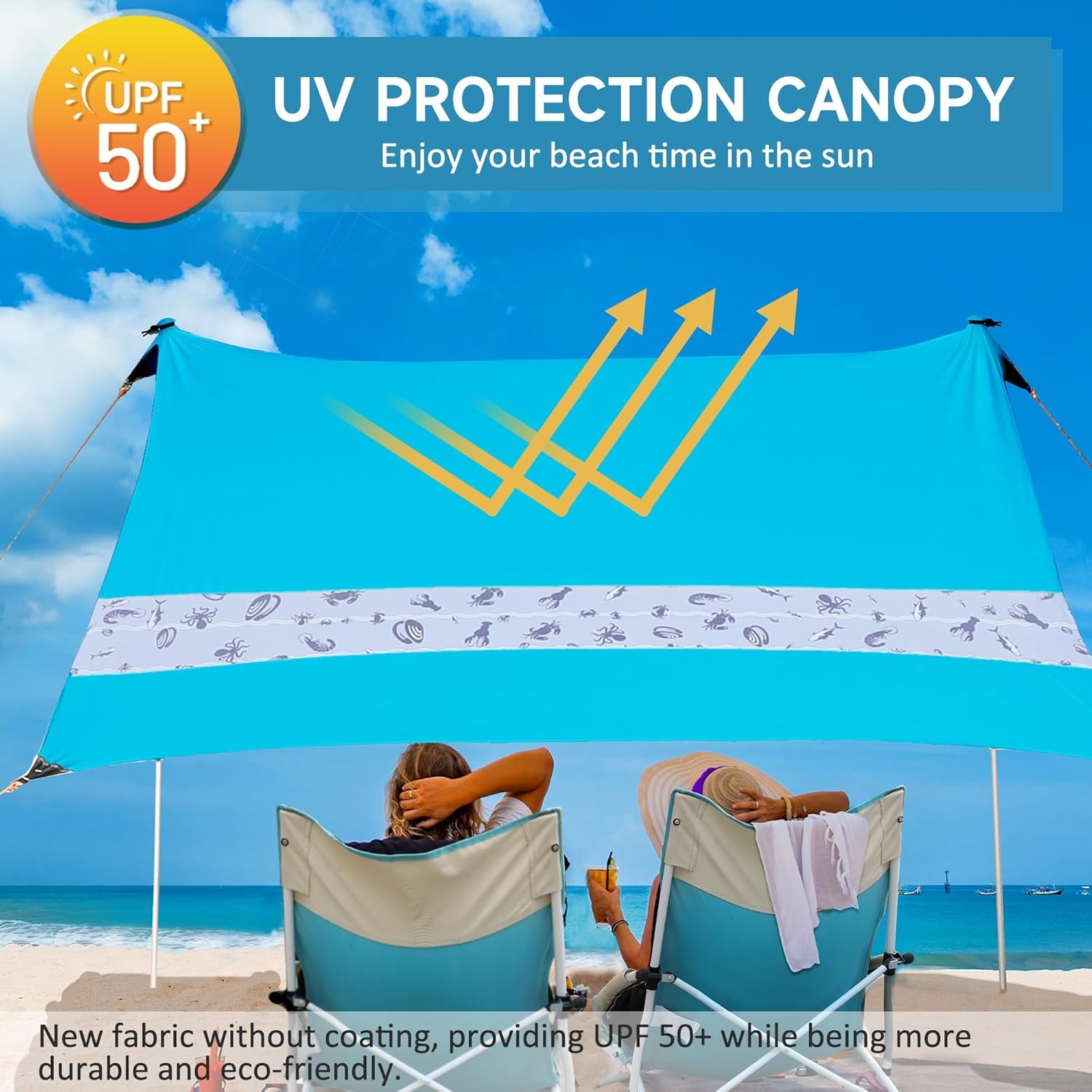 VILLEY Strandtent, Draagbare Zonnescherm Zonnedak Zonnenschuilplaats UPF50+, 2,4 m x 2 m, voor 1-3 Personen, met 2 Aluminium Palen en Opbergtas, Voor Strand, Camping, Blauw
