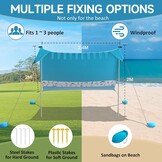 VILLEY Strandtent, Draagbare Zonnescherm Zonnedak Zonnenschuilplaats UPF50+, 2,4 m x 2 m, voor 1-3 Personen, met 2 Aluminium Palen en Opbergtas, Voor Strand, Camping, Blauw