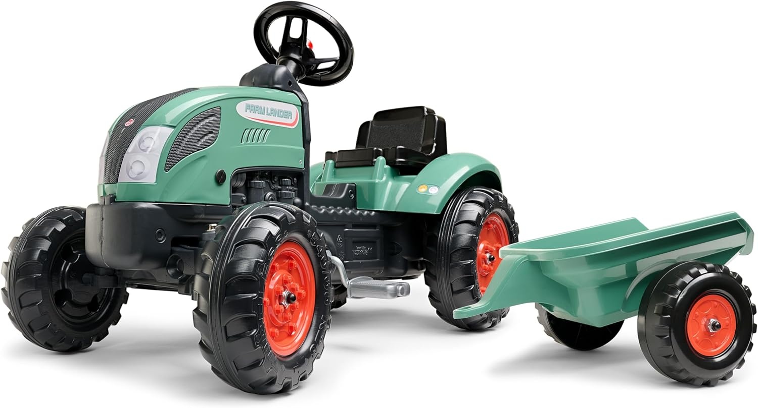 FALK Farm Lander pedaaltractor met aanhanger, vanaf 2 jaar, 50% gerecycled kunststof, gemaakt in Frankrijk, stuur met claxon-2054L, 2054L, donkergroen, 2054L