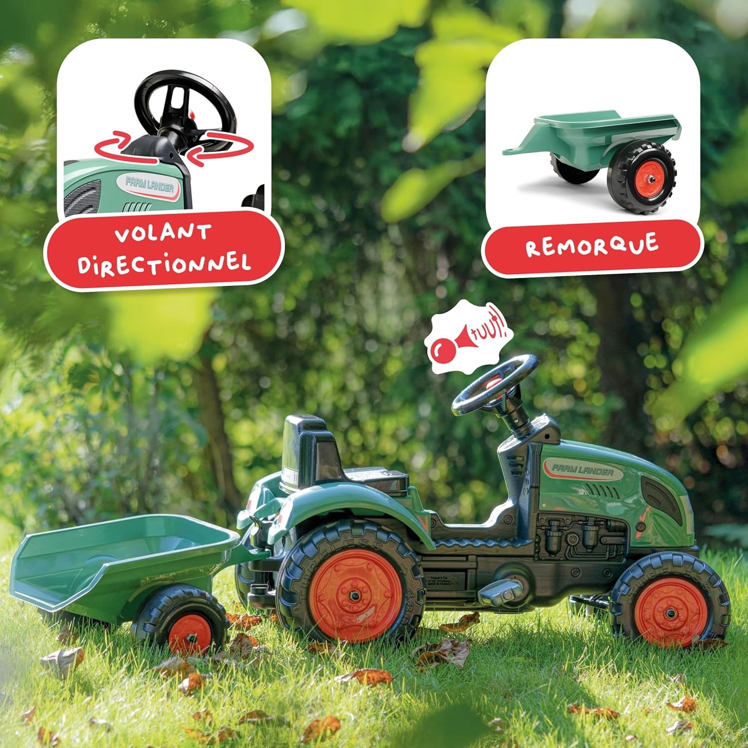 FALK Farm Lander pedaaltractor met aanhanger, vanaf 2 jaar, 50% gerecycled kunststof, gemaakt in Frankrijk, stuur met claxon-2054L, 2054L, donkergroen, 2054L
