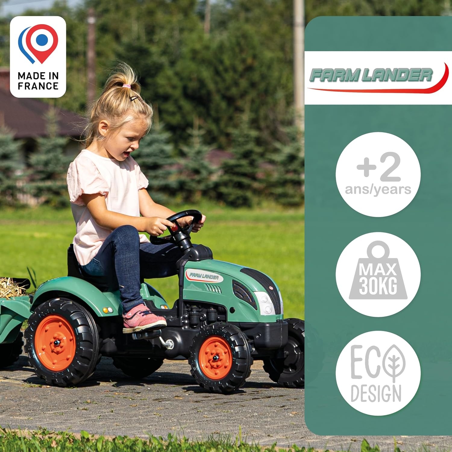 FALK Farm Lander pedaaltractor met aanhanger, vanaf 2 jaar, 50% gerecycled kunststof, gemaakt in Frankrijk, stuur met claxon-2054L, 2054L, donkergroen, 2054L