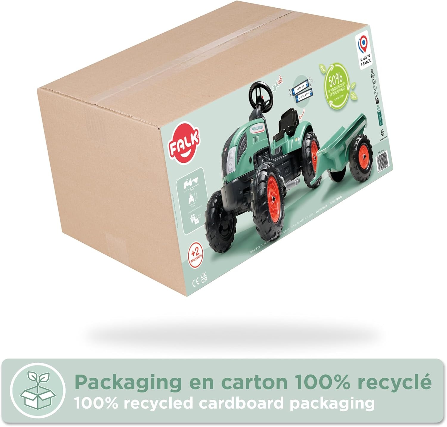 FALK Farm Lander pedaaltractor met aanhanger, vanaf 2 jaar, 50% gerecycled kunststof, gemaakt in Frankrijk, stuur met claxon-2054L, 2054L, donkergroen, 2054L