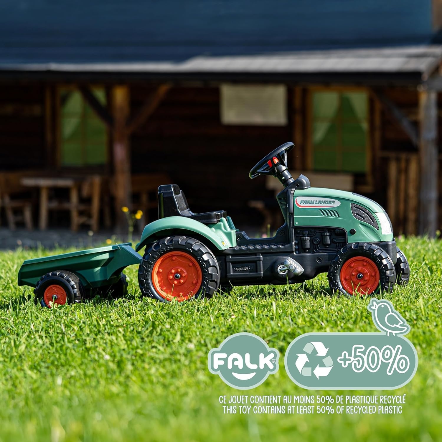 FALK Farm Lander pedaaltractor met aanhanger, vanaf 2 jaar, 50% gerecycled kunststof, gemaakt in Frankrijk, stuur met claxon-2054L, 2054L, donkergroen, 2054L