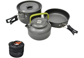 Kampeer Kookset 2-3p | 3-Delig Aluminium met Theepot | 33% Korting