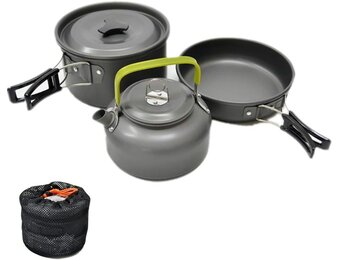 JZK camping kookgereiset, 2 - 3 personen, opvouwbare camping pannenset, steelpan, pan, theepot voor buiten, picknicken, kamperen en wandelvakanties
