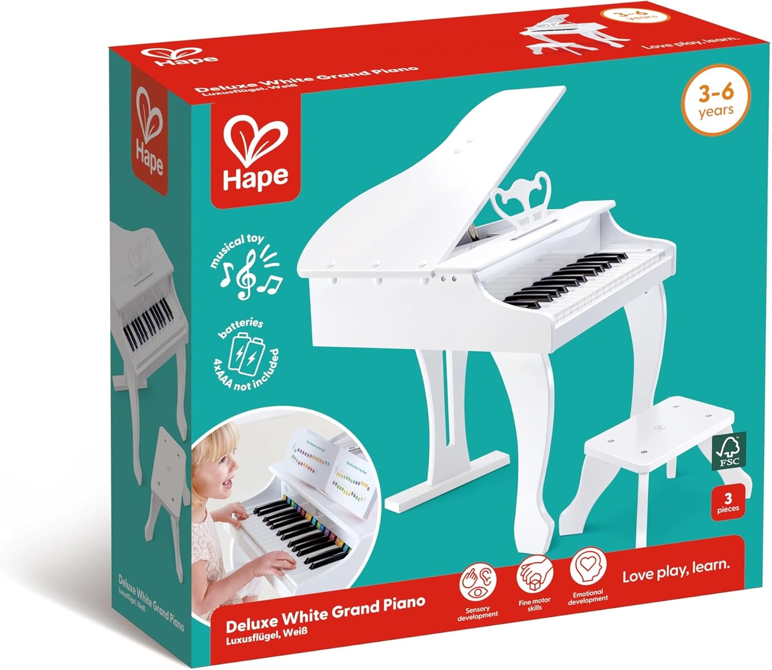 Hape E0338 luxe vleugels | Piano met 30 toetsen, inclusief stoel, elektronisch muziektoetsenbord voor kinderen vanaf 3 jaar, wit