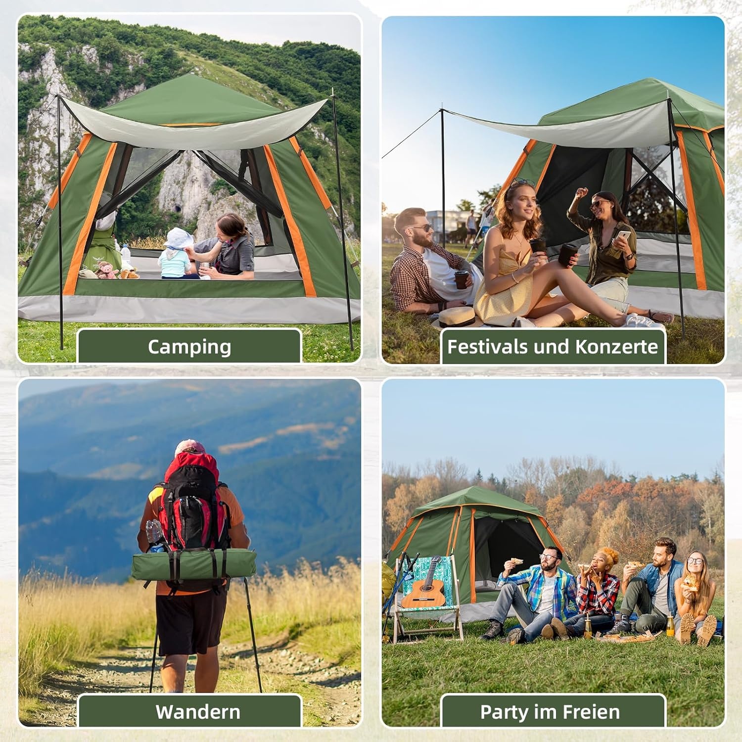 HAUSPROFI Campingtent, automatische 3-persoons, instant-tent, pop-up koepeltent, 4 seizoenen, waterdicht en winddicht, campingtent met afneembaar buitententzeil voor gezinnen, camping