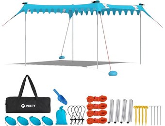 VILLEY Strandtent, Draagbare Zonnescherm Zonnedak Zonnenschuilplaats UPF50+, 3m x 3,3m, voor 6 Personen, met 4 Aluminium Palen en Opbergtas, Voor Strand, Camping, Blauw