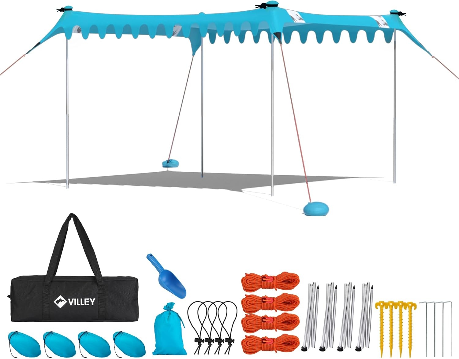 VILLEY Strandtent, Draagbare Zonnescherm Zonnedak Zonnenschuilplaats UPF50+, 3m x 3,3m, voor 6 Personen, met 4 Aluminium Palen en Opbergtas, Voor Strand, Camping, Blauw