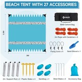 VILLEY Strandtent, Draagbare Zonnescherm Zonnedak Zonnenschuilplaats UPF50+, 3m x 3,3m, voor 6 Personen, met 4 Aluminium Palen en Opbergtas, Voor Strand, Camping, Blauw
