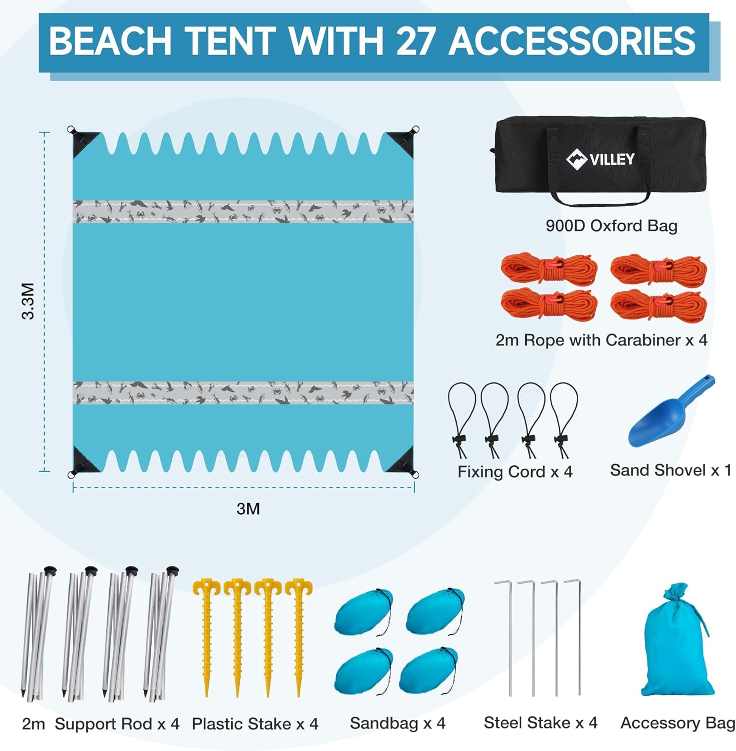 VILLEY Strandtent, Draagbare Zonnescherm Zonnedak Zonnenschuilplaats UPF50+, 3m x 3,3m, voor 6 Personen, met 4 Aluminium Palen en Opbergtas, Voor Strand, Camping, Blauw
