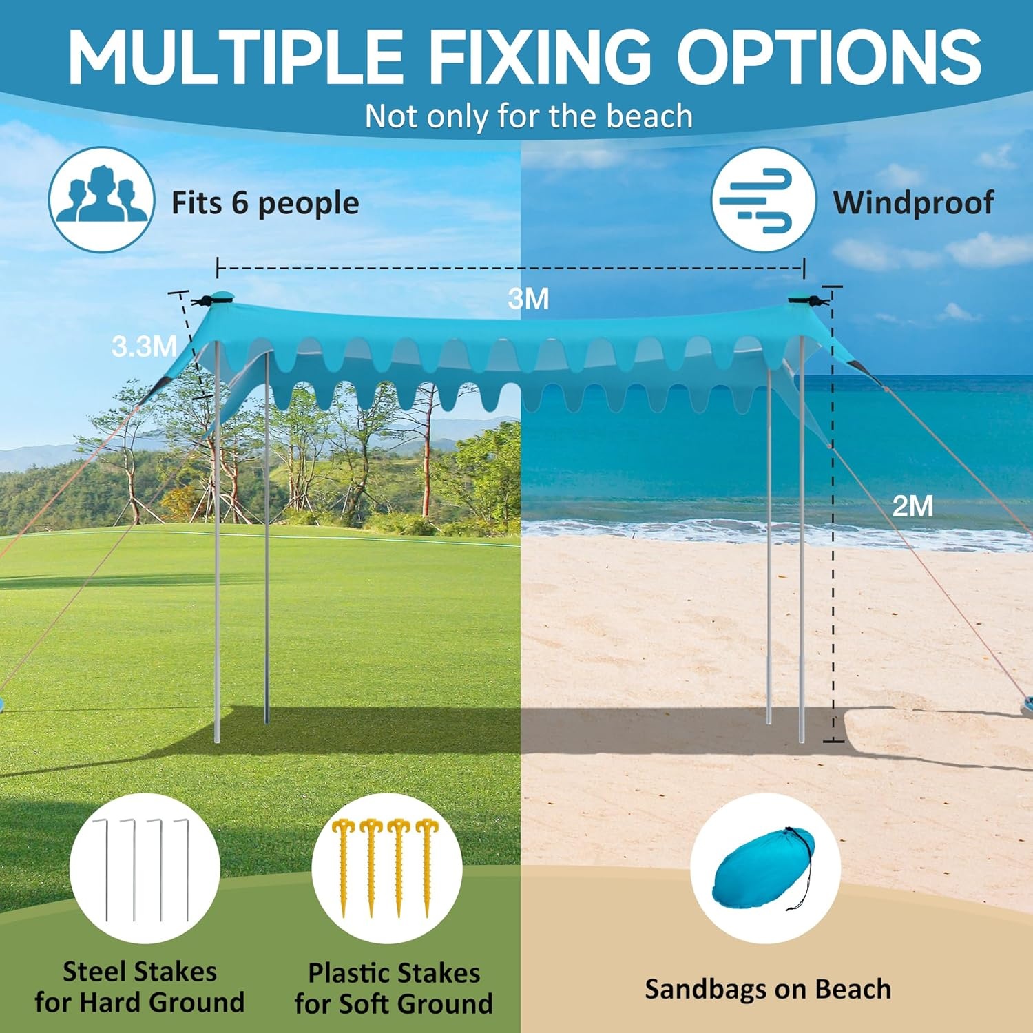 VILLEY Strandtent, Draagbare Zonnescherm Zonnedak Zonnenschuilplaats UPF50+, 3m x 3,3m, voor 6 Personen, met 4 Aluminium Palen en Opbergtas, Voor Strand, Camping, Blauw