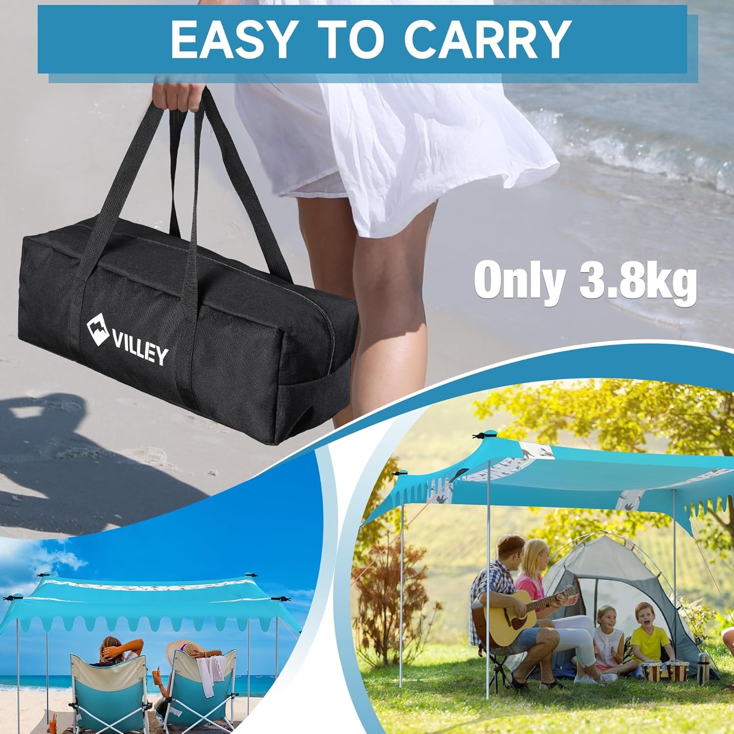VILLEY Strandtent, Draagbare Zonnescherm Zonnedak Zonnenschuilplaats UPF50+, 3m x 3,3m, voor 6 Personen, met 4 Aluminium Palen en Opbergtas, Voor Strand, Camping, Blauw