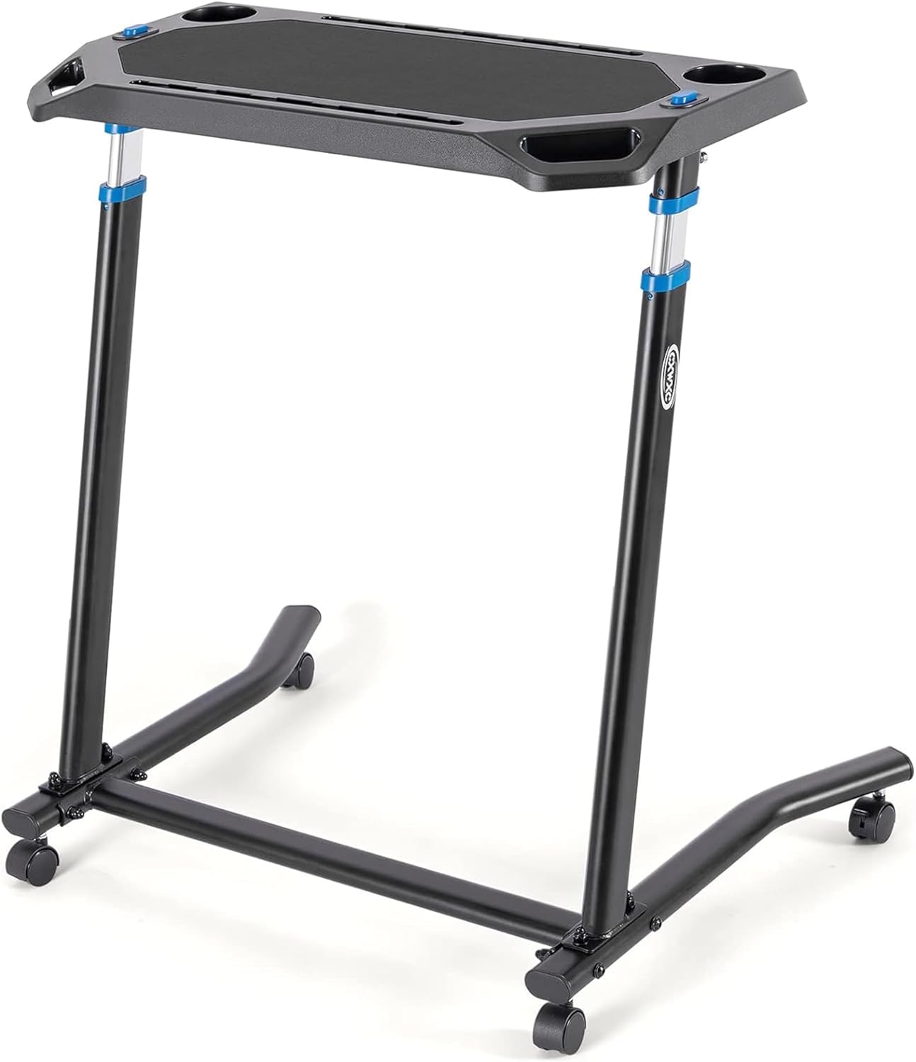 Rollentrainer tafel met verstelbare wielen, hoogteverstelling, roltrainer bureau met een antislip rubberen werkblad, 2 uitsparingen voor tablet of smartphone, 2 bekerhouders Zwart