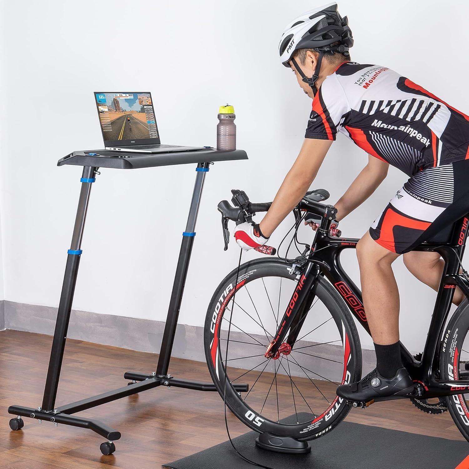 Rollentrainer tafel met verstelbare wielen, hoogteverstelling, roltrainer bureau met een antislip rubberen werkblad, 2 uitsparingen voor tablet of smartphone, 2 bekerhouders Zwart