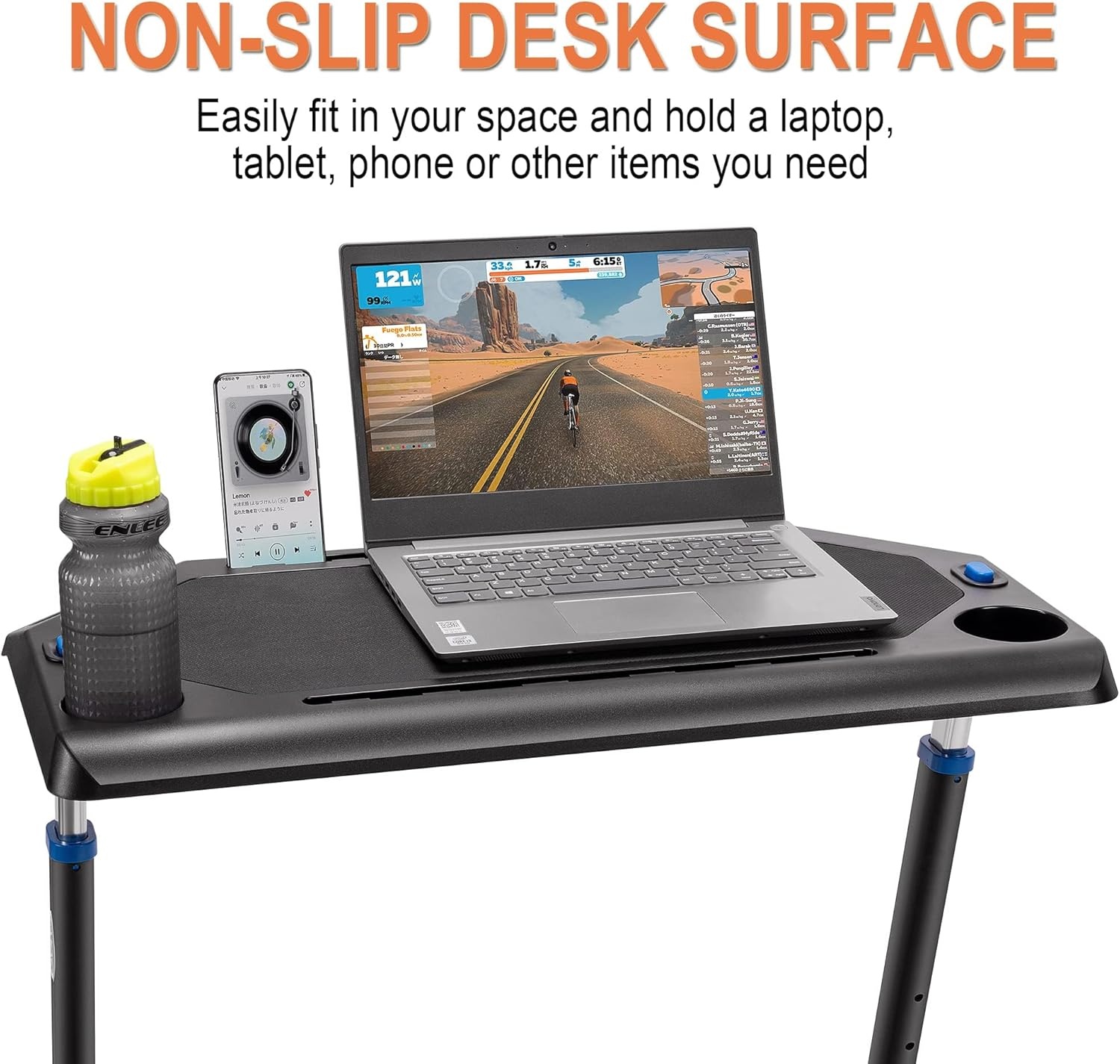 Rollentrainer tafel met verstelbare wielen, hoogteverstelling, roltrainer bureau met een antislip rubberen werkblad, 2 uitsparingen voor tablet of smartphone, 2 bekerhouders Zwart