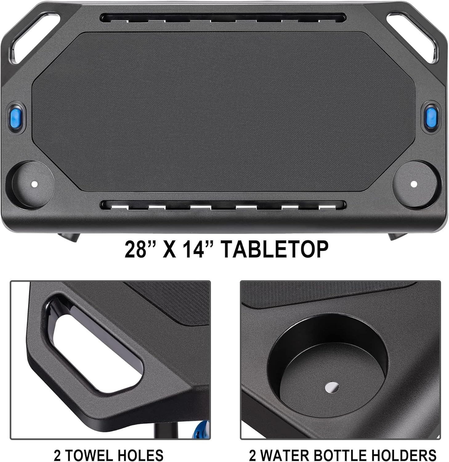 Rollentrainer tafel met verstelbare wielen, hoogteverstelling, roltrainer bureau met een antislip rubberen werkblad, 2 uitsparingen voor tablet of smartphone, 2 bekerhouders Zwart