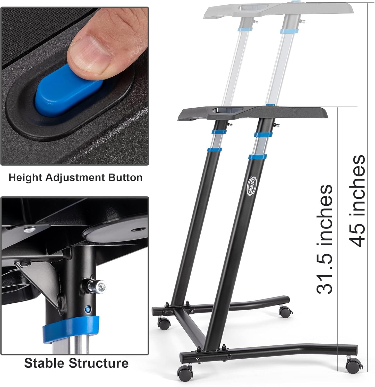 Rollentrainer tafel met verstelbare wielen, hoogteverstelling, roltrainer bureau met een antislip rubberen werkblad, 2 uitsparingen voor tablet of smartphone, 2 bekerhouders Zwart