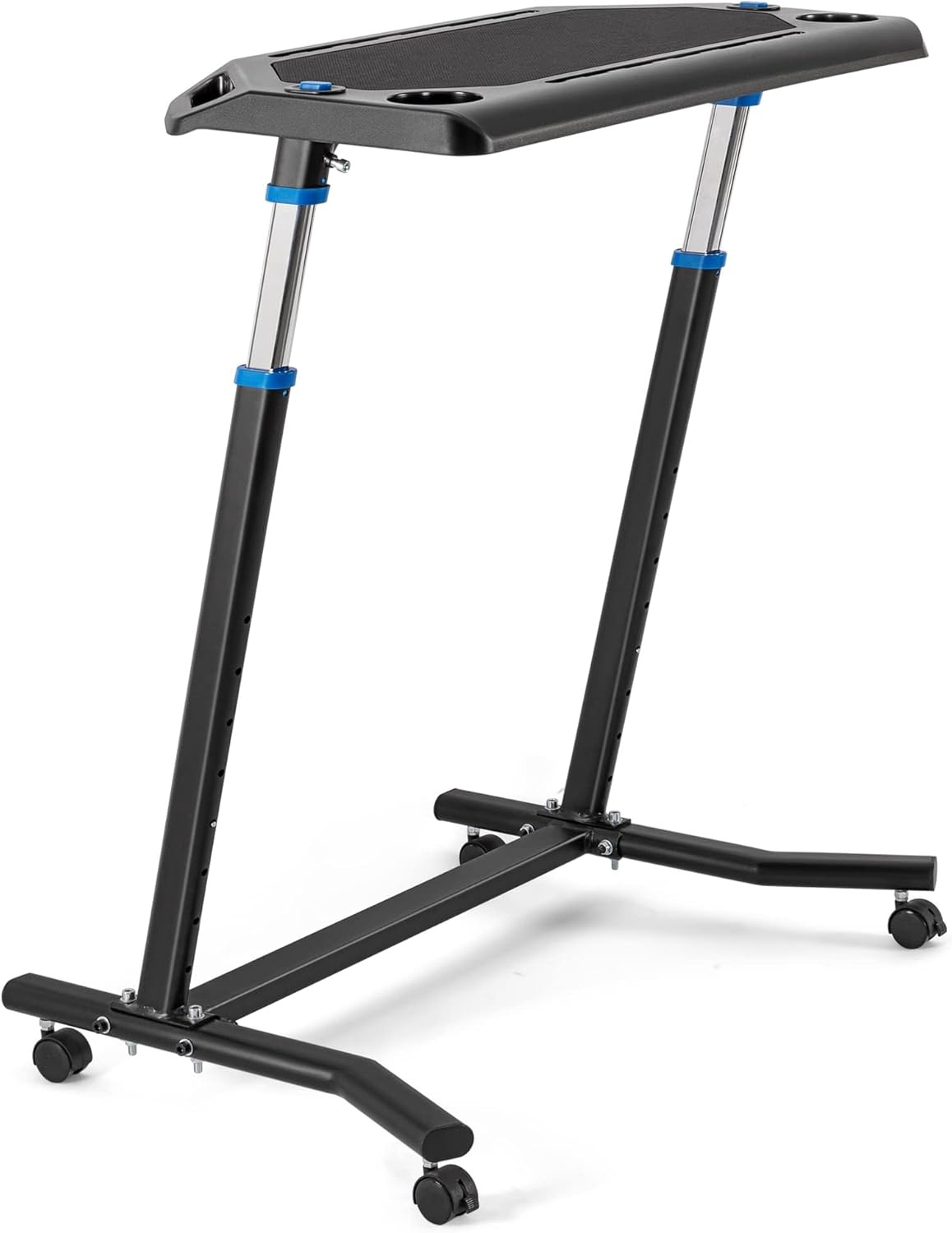 Rollentrainer tafel met verstelbare wielen, hoogteverstelling, roltrainer bureau met een antislip rubberen werkblad, 2 uitsparingen voor tablet of smartphone, 2 bekerhouders Zwart