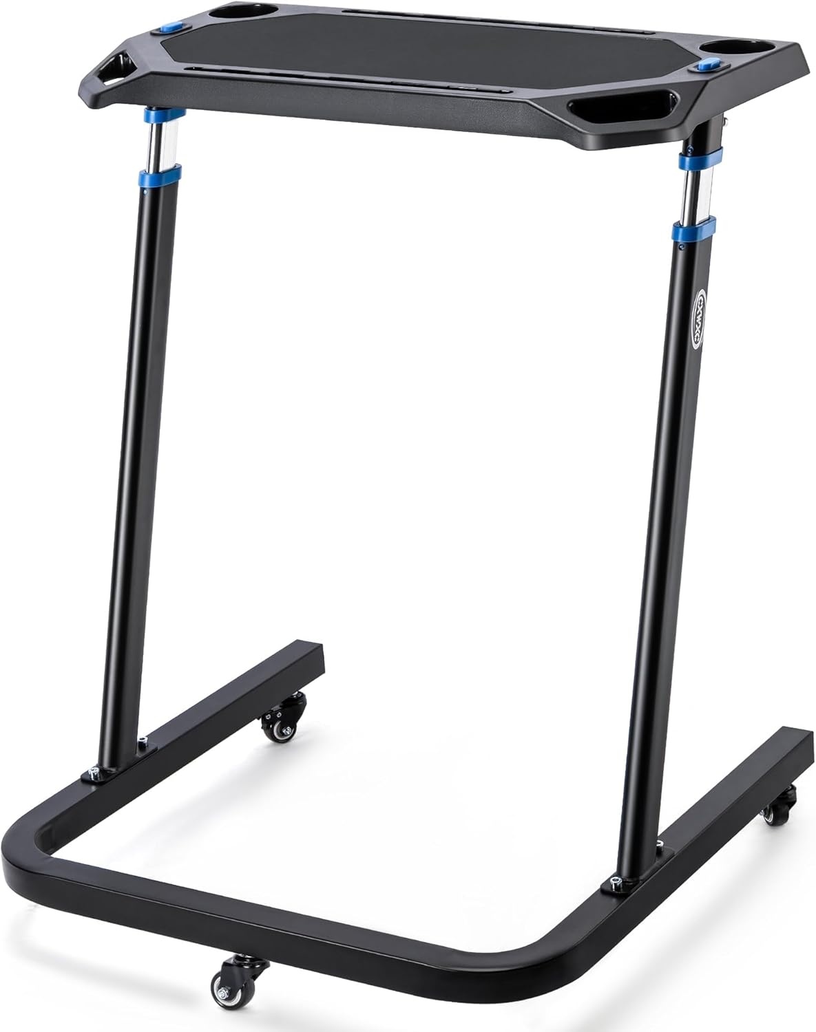Rollentrainer tafel met verstelbare wielen, hoogteverstelling, roltrainer bureau met een antislip rubberen werkblad, 2 uitsparingen voor tablet of smartphone, 2 bekerhouders Zwart