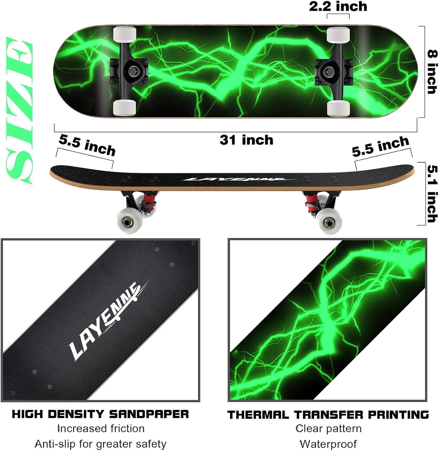 LAYENNE Skateboard, professioneel compleet skateboard, 81 x 20 cm, 7-laags esdoornboard, ABEC-11-ondersteuning, geschikt voor volwassenen, beginners, jongens, meisjes, jongeren en kinderen