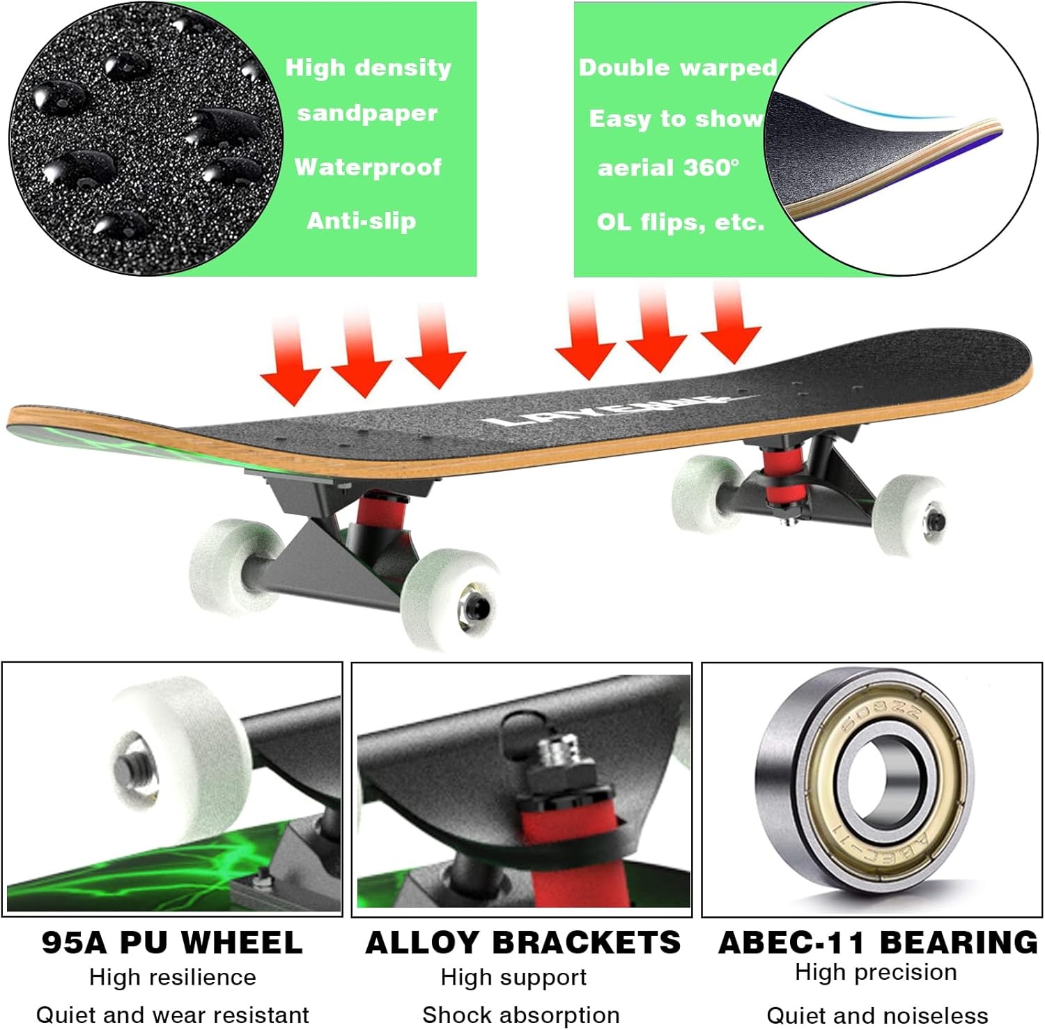 LAYENNE Skateboard, professioneel compleet skateboard, 81 x 20 cm, 7-laags esdoornboard, ABEC-11-ondersteuning, geschikt voor volwassenen, beginners, jongens, meisjes, jongeren en kinderen