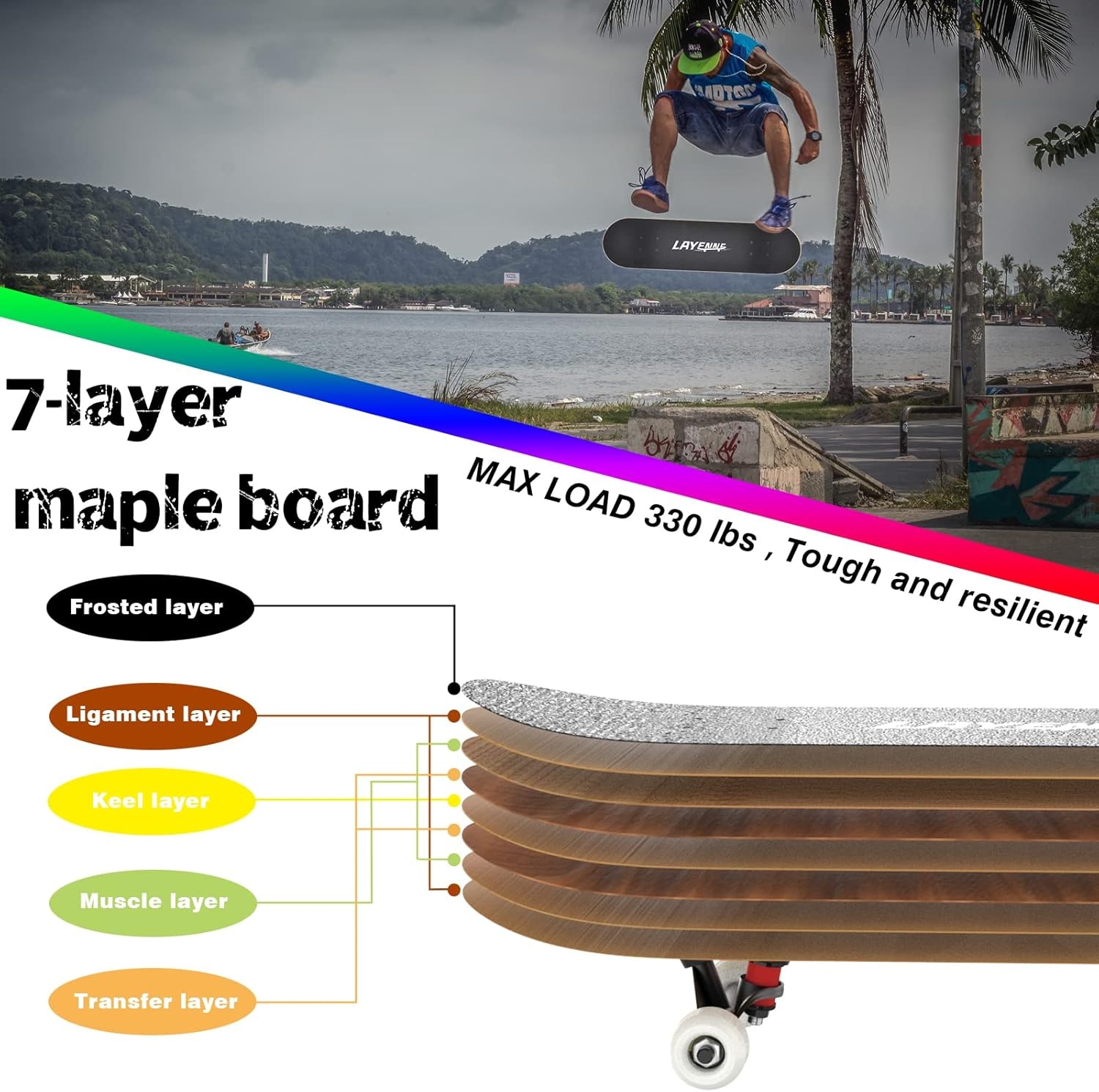 LAYENNE Skateboard, professioneel compleet skateboard, 81 x 20 cm, 7-laags esdoornboard, ABEC-11-ondersteuning, geschikt voor volwassenen, beginners, jongens, meisjes, jongeren en kinderen