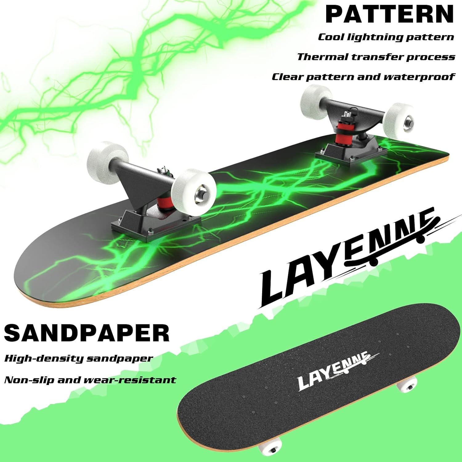 LAYENNE Skateboard, professioneel compleet skateboard, 81 x 20 cm, 7-laags esdoornboard, ABEC-11-ondersteuning, geschikt voor volwassenen, beginners, jongens, meisjes, jongeren en kinderen