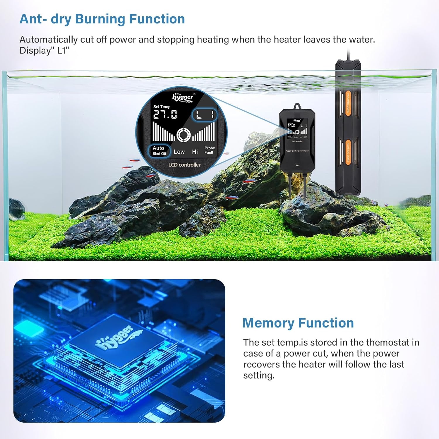 hygger Aquarium Verwarmer 800W met Externe Digitale LCD Controller voor Aquaria van 490-980L