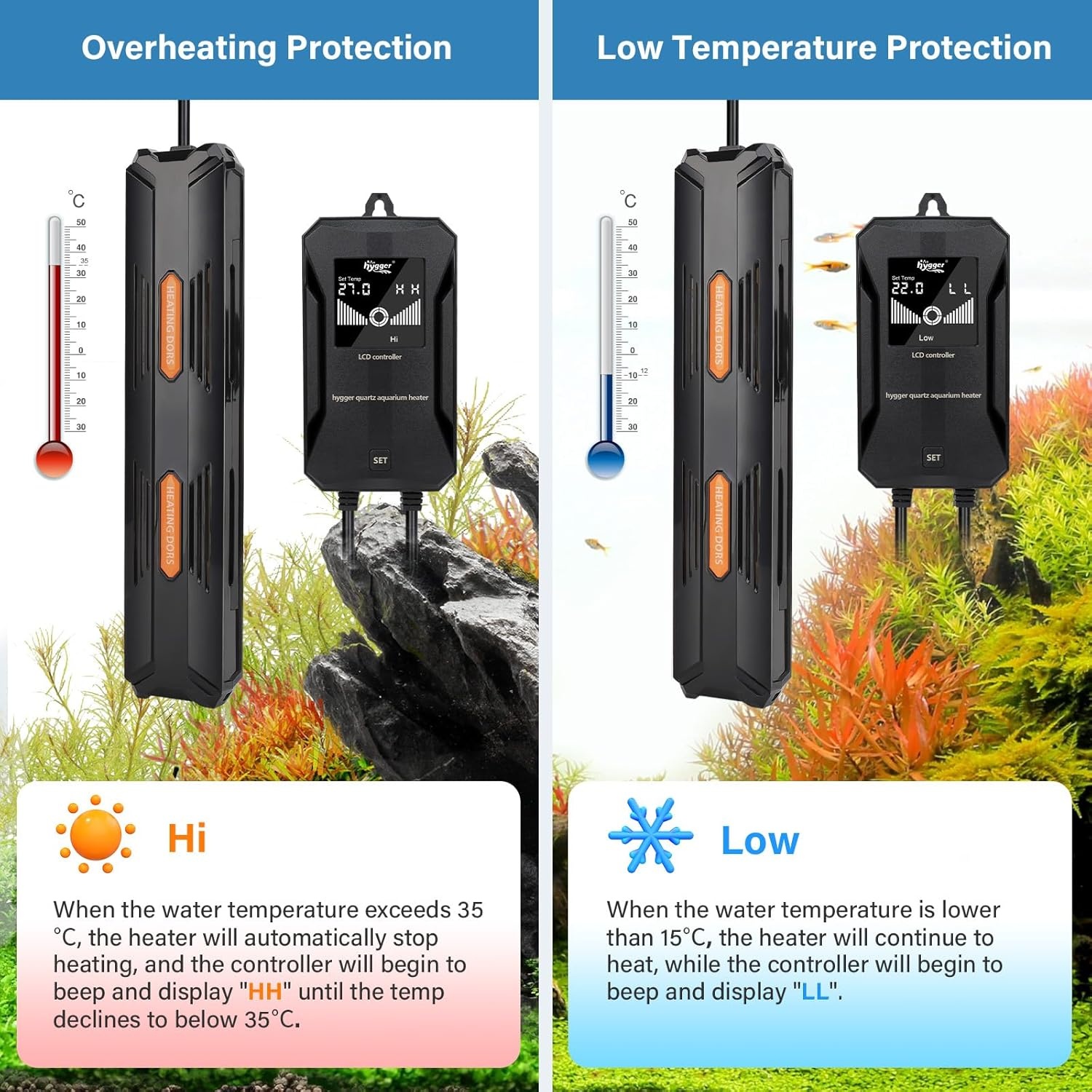hygger Aquarium Verwarmer 800W met Externe Digitale LCD Controller voor Aquaria van 490-980L