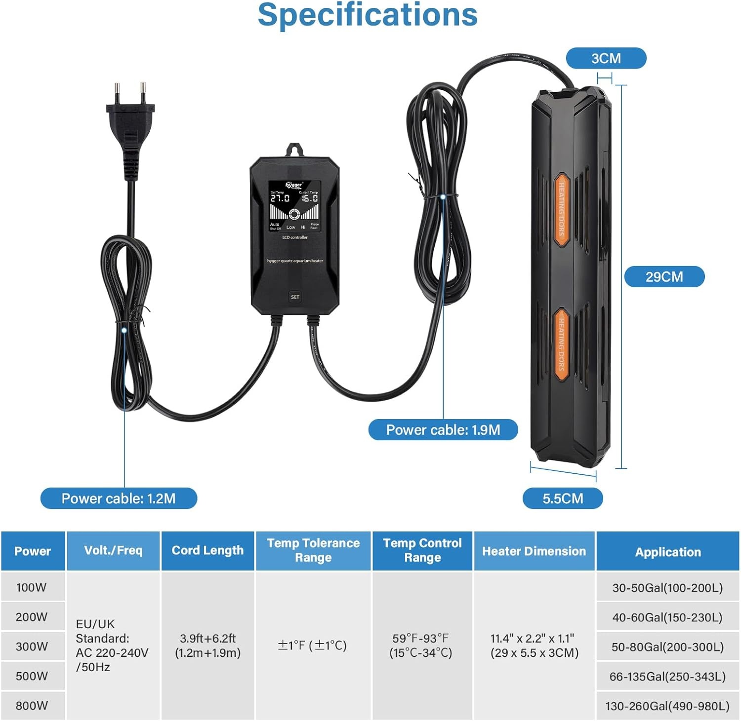 hygger Aquarium Verwarmer 800W met Externe Digitale LCD Controller voor Aquaria van 490-980L