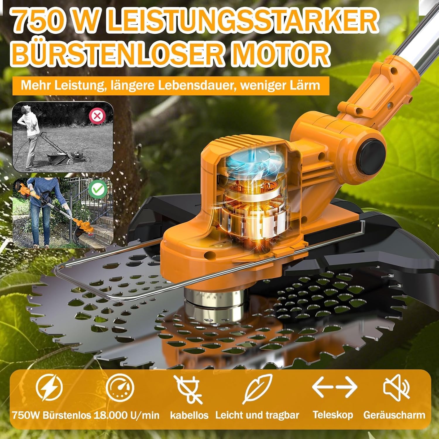 Accu Grastrimmer & Bosmaaier 4-in-1 - 750W Borstelloos - Incl. 2 Accu's