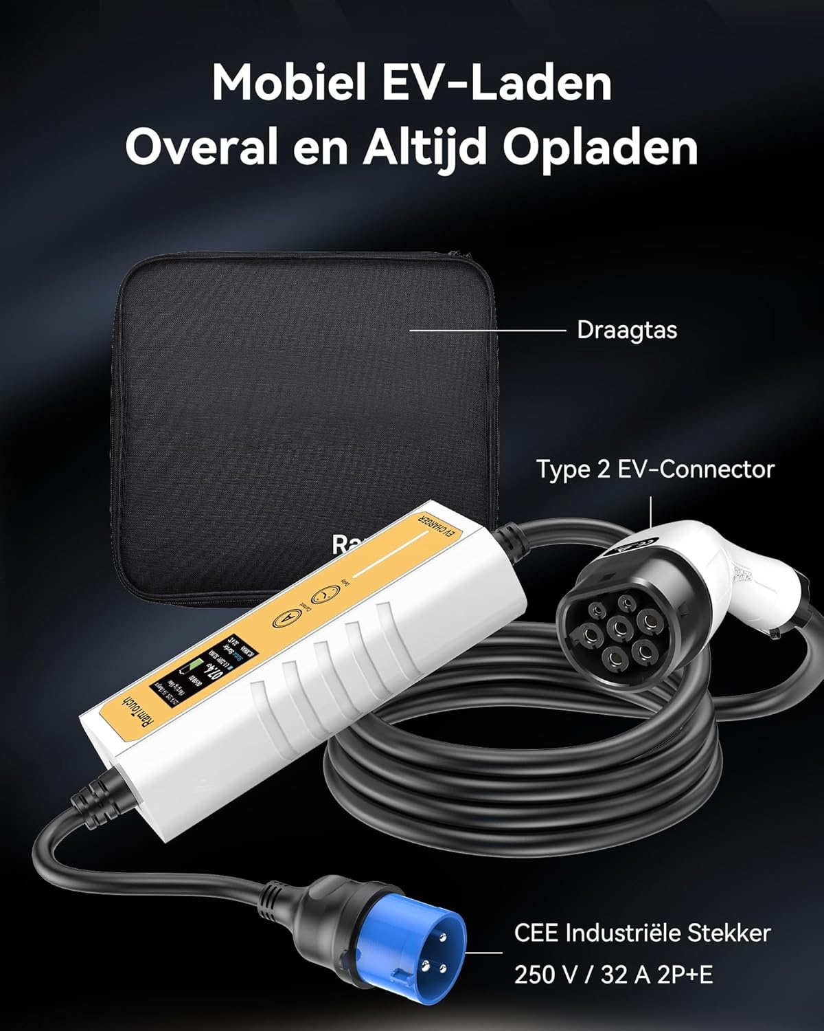 Mobiel Laadstation Type 2 | 7.4kW Elektrische Auto | 6.5m Kabel | 30% Korting