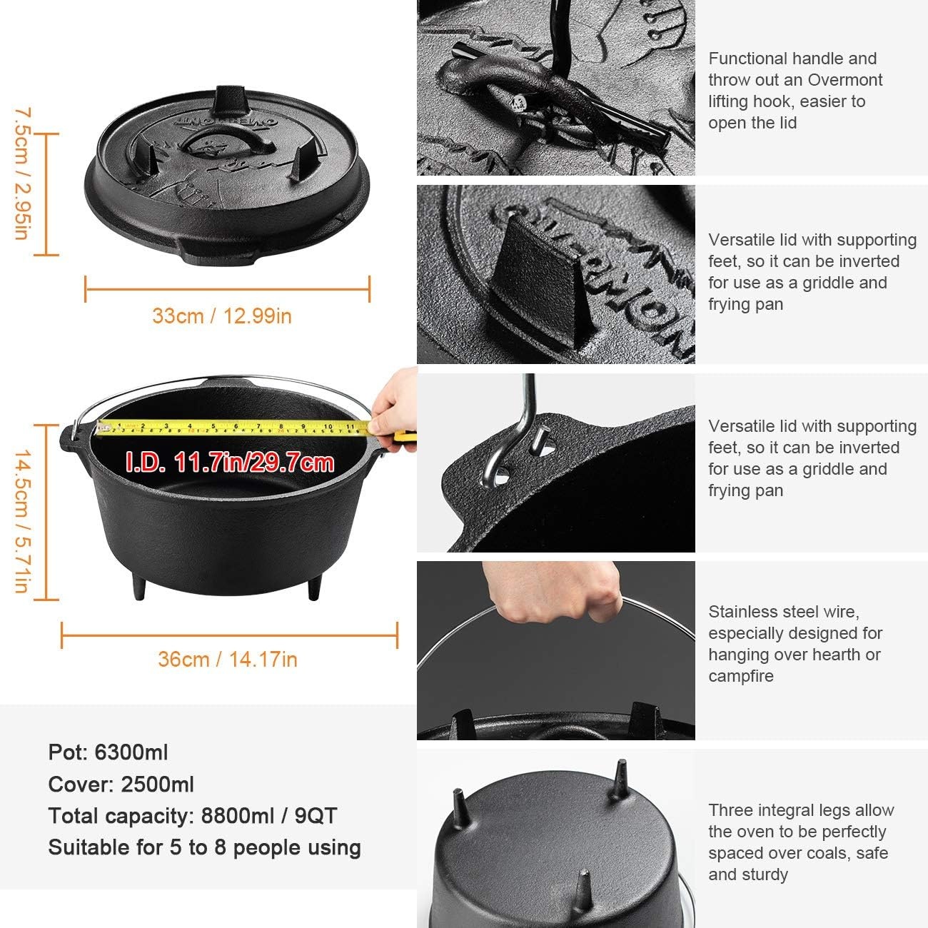 Gietijzeren Dutch Oven 8.8L - Ideaal voor Outdoor Koken | 54% Korting