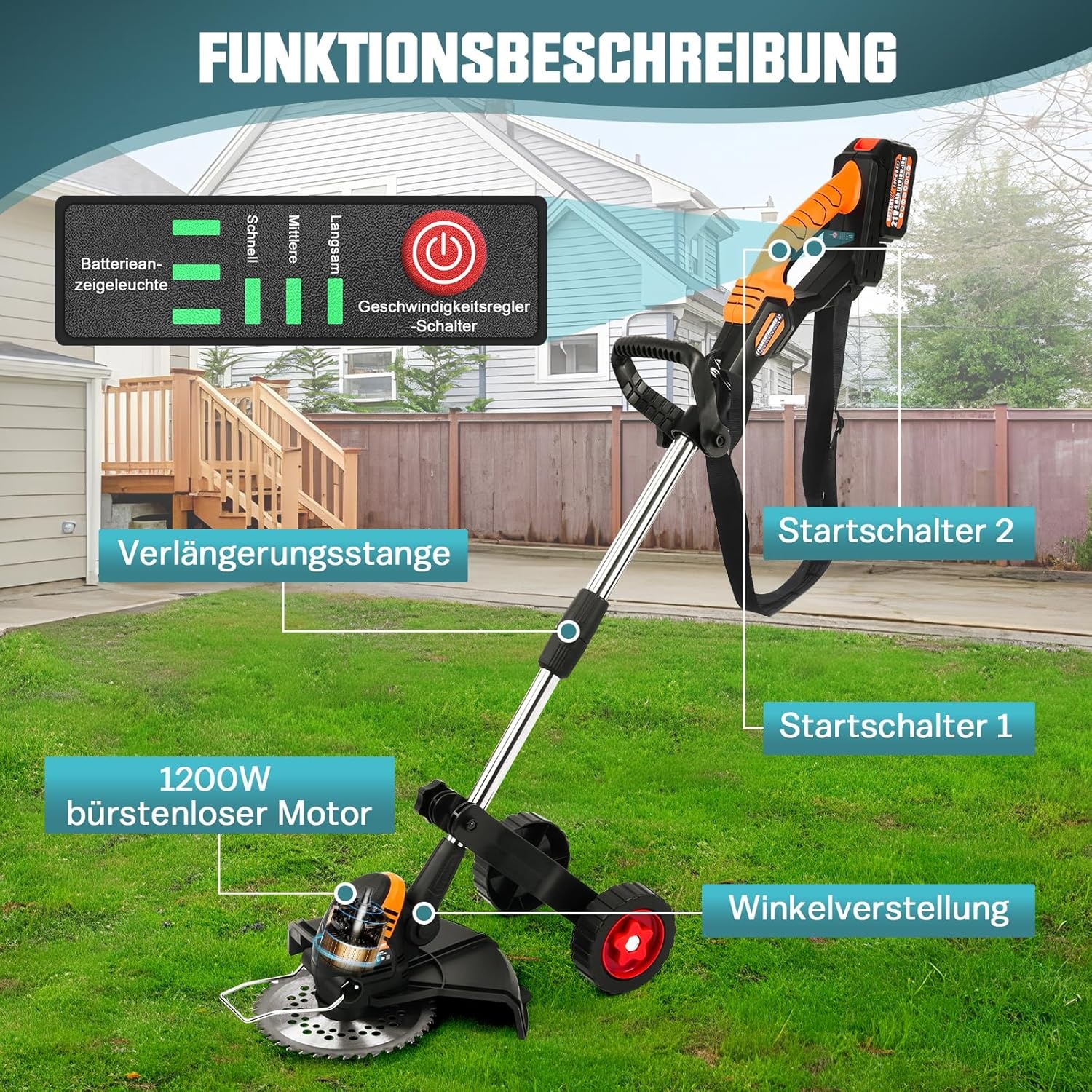 Accu Grastrimmer 1200W Borstelloos - 5-in-1, Verstelbaar - 34% Korting