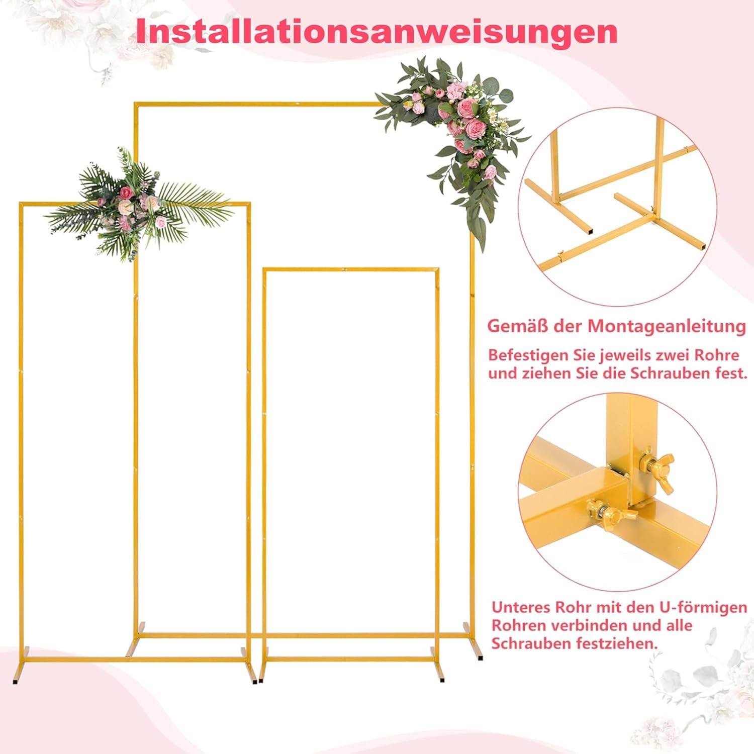 Gouden Metalen Huwelijksboog Set: Stalen Achtergrondframes 2.2m, 2m, 1.8m | 34% Korting