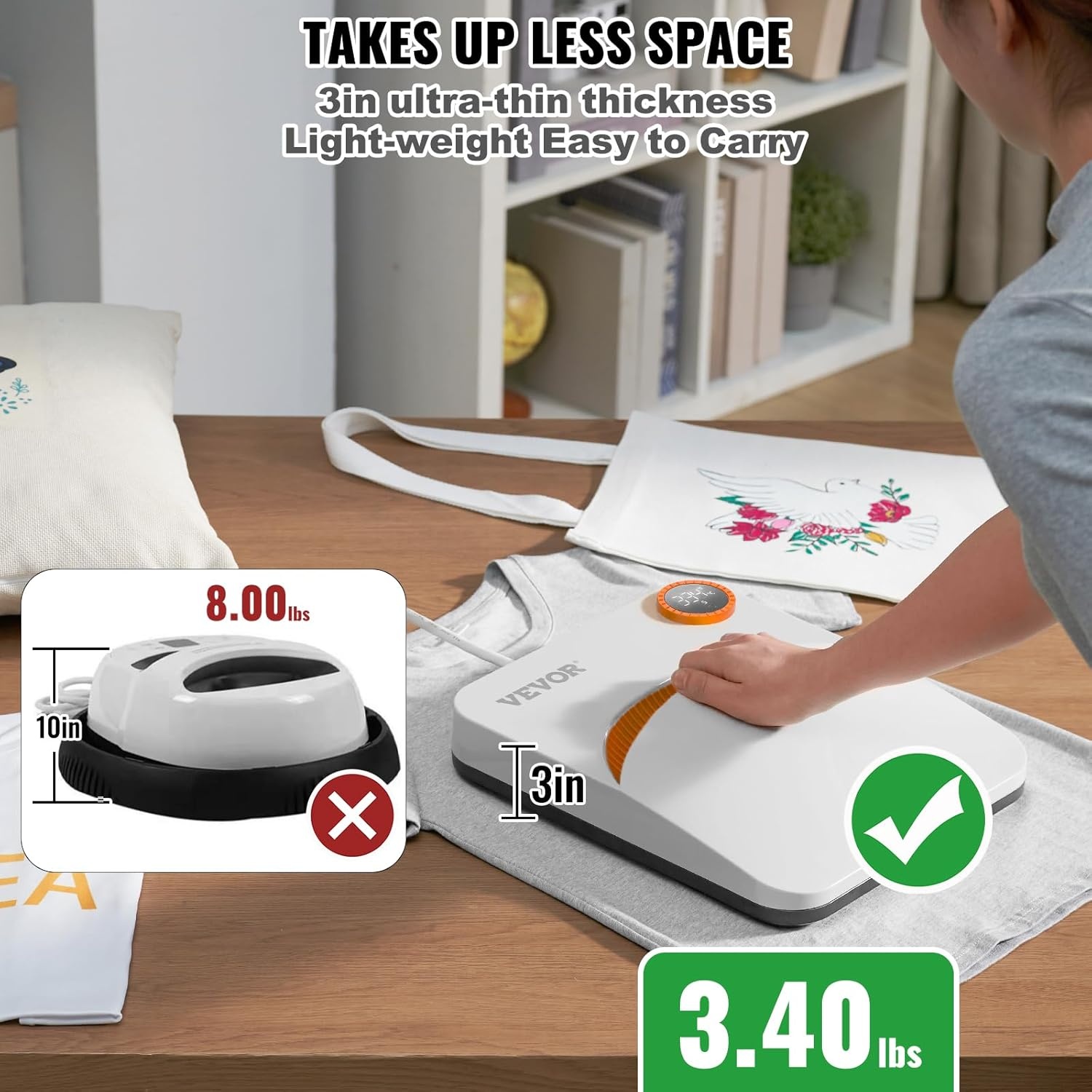 VEVOR Heat Press 200 x 168 x 77 mm Portable Multifunction Sublimation Heat Transfer Teflon Coated Shirt Printing Machine for Bags/T-Shirts/Cushions Vinyl Projects