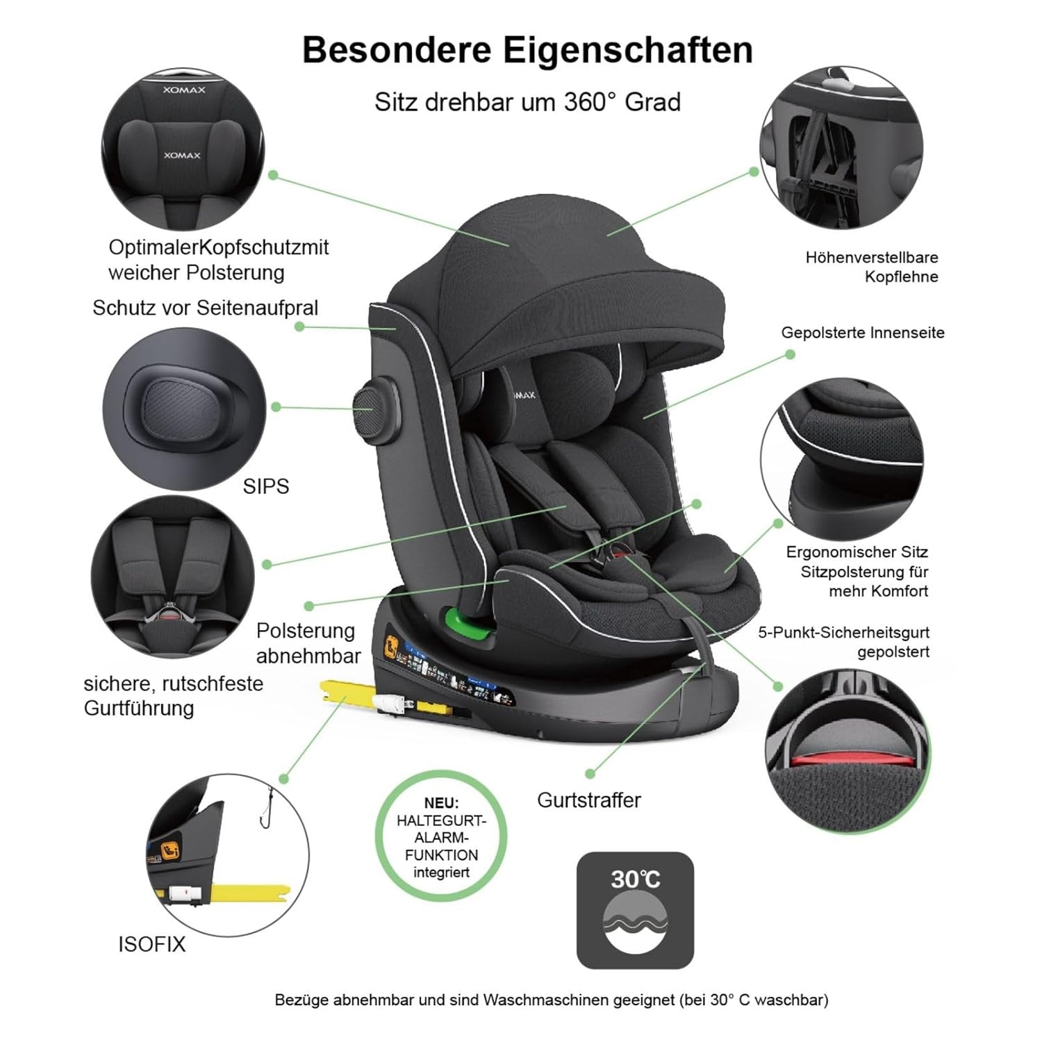 Xomax C013 Meegroei-Autostoel 360° Draaibaar met Isofix - Zwart (0-36 kg)