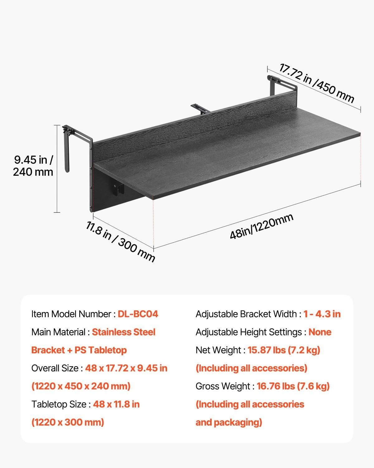 VEVOR Inklapbare Balkontafel 30,5 x 122 cm - Zwart - Ruimtebesparende Hangtafel voor Buiten